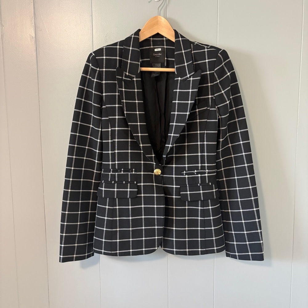 Smythe Peaked Lapel Blazer Windowpane Leather Elbow Patches Black White Size 6